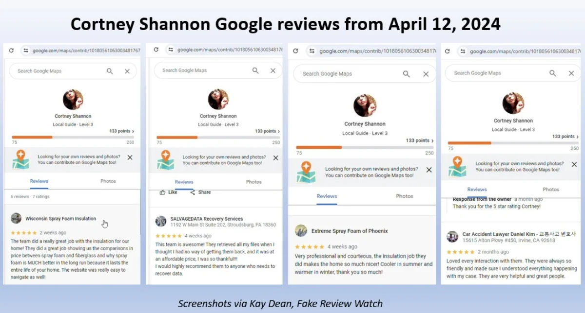 Screenshot: Cortney Shannon cross-industry review pattern (Fake Review Watch)