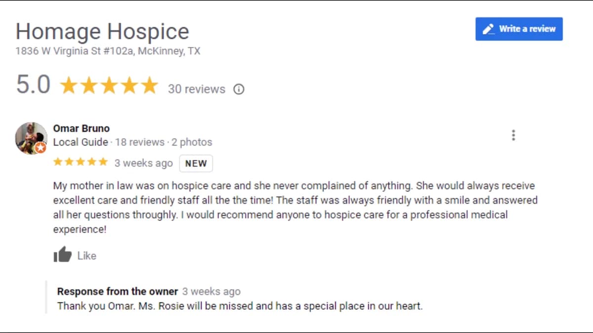 Screenshot: Kay Dean, FakeReviewWatch (Omar Bruno hospice and cross-industry review pattern)