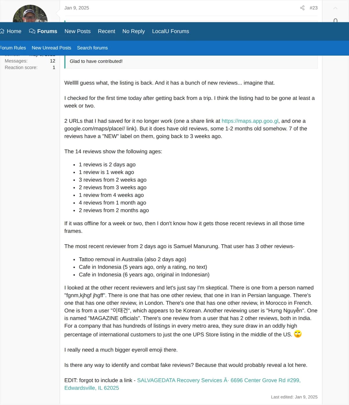 Screenshot: Local Search Forum investigation (HikingMike, Jan 2025)