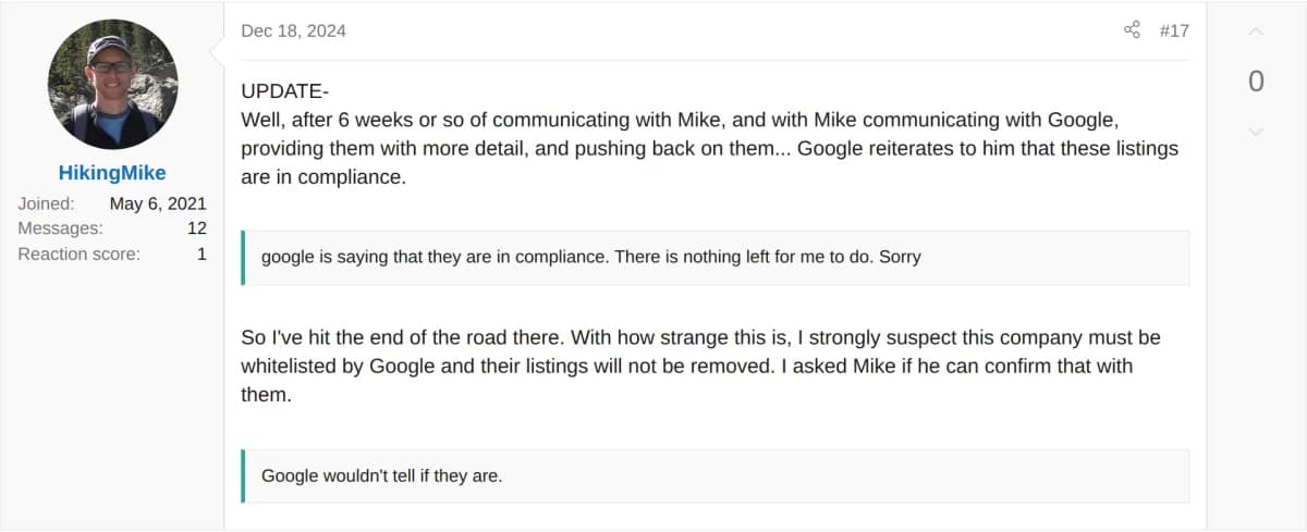 Screenshot: Local Search Forum / Mike Blumenthal escalation (Dec 2024)