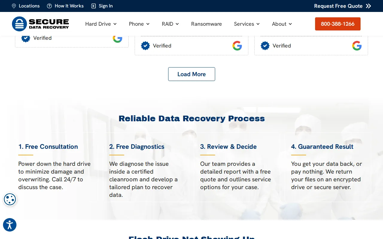Screenshot of Secure Data Recovery flash drive page claiming cleanroom diagnosis