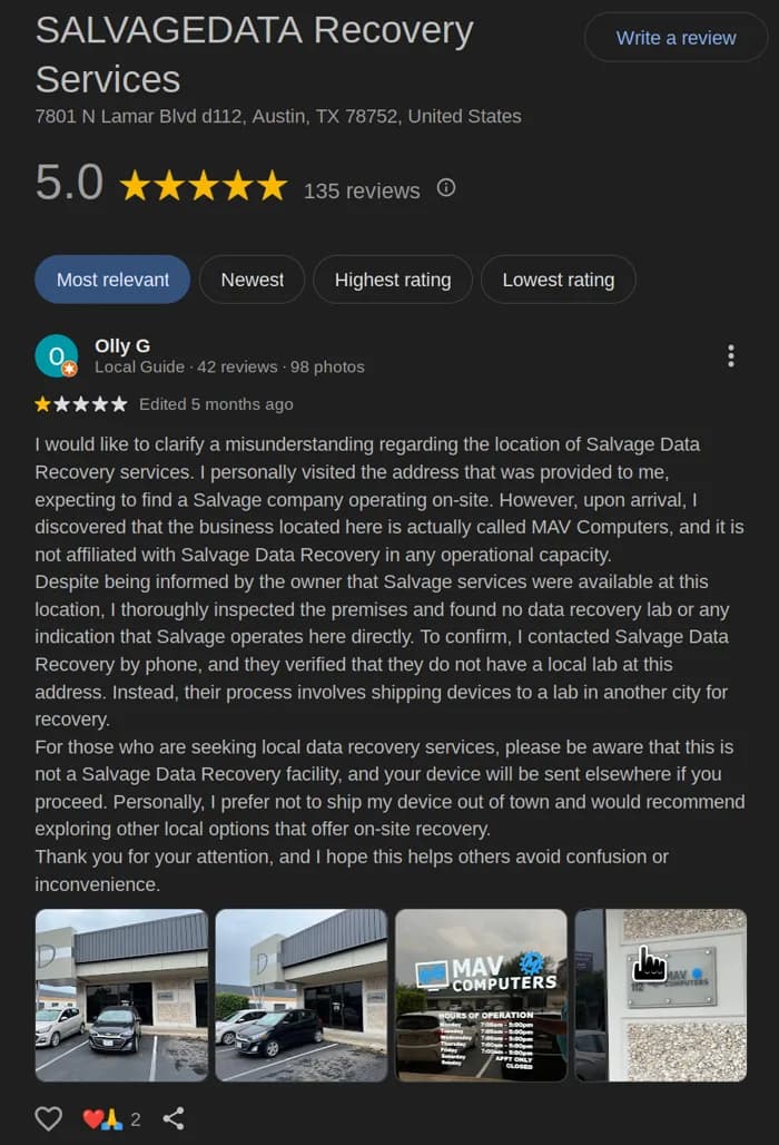 Google Maps review for SALVAGEDATA at 7801 N Lamar Blvd in Austin: reviewer found MAV Computers at the listed address with no data recovery lab on-site