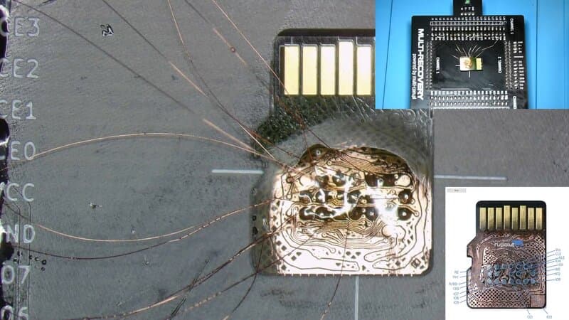 Spider board needles contacting exposed NAND test points on a microSD card connected to PC-3000 Flash